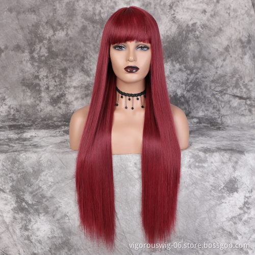 Vigorous Heat Resistant Fiber Lace Front Long Silky Straight Wigs With Bangs Synthetic Black Wigs For Black Women